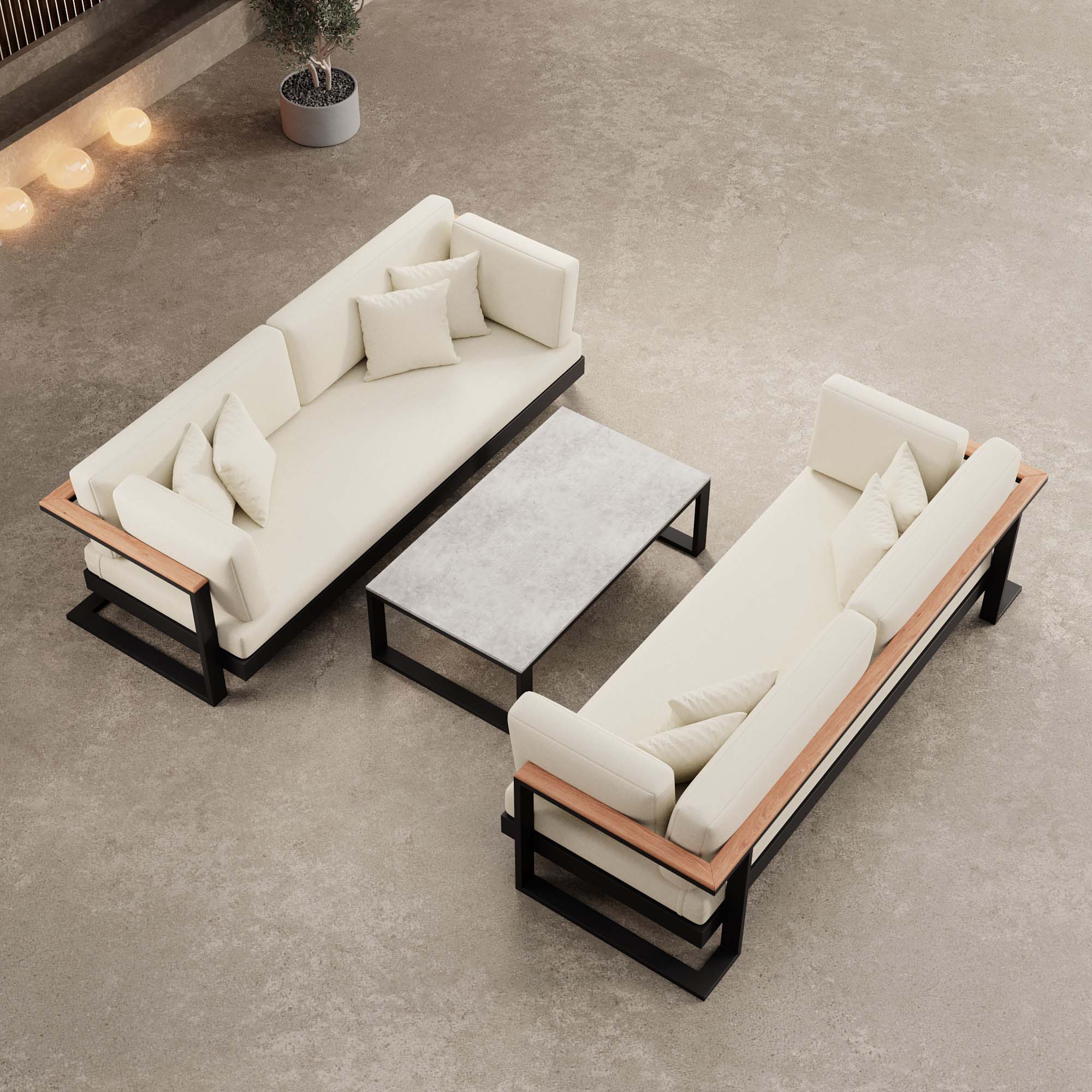 Vayla Modernes Outdoor Lounge Set: 2 Aluminium Zweisitzer, Tisch – Sunbrella Stoff Bezüge