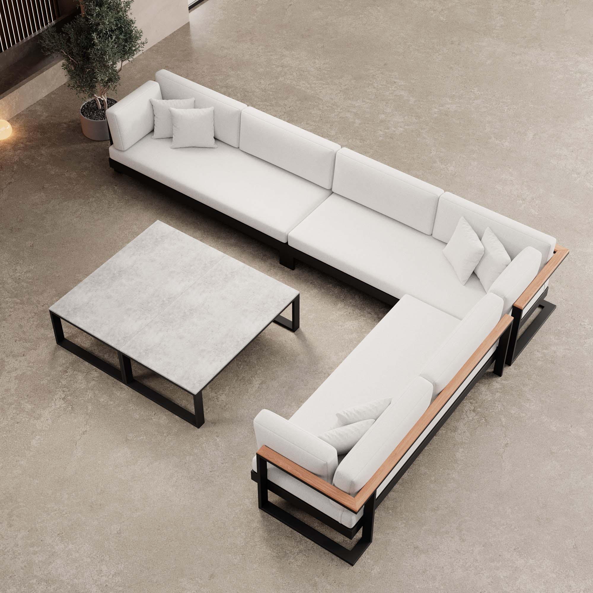 Luxuriöse Vayla Sunbrella Outdoor-Wohnlandschaft mit Doppeltisch und Ecksofa – Premium Aluminium Gartenlounge