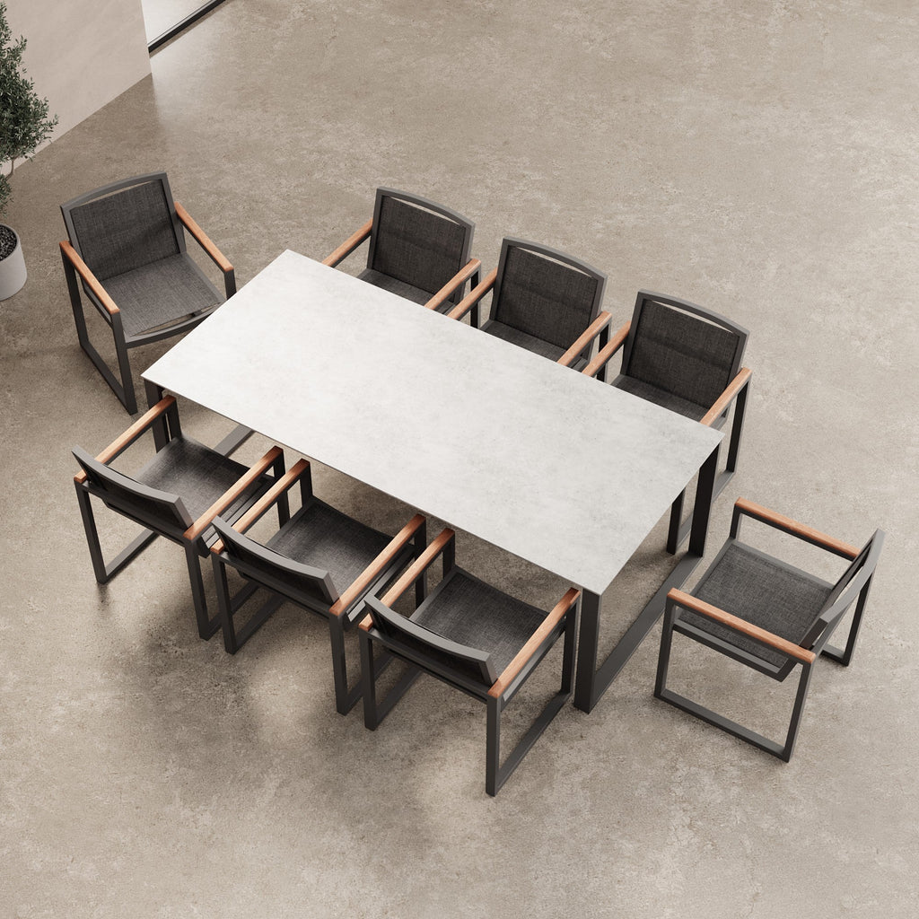Vayla Garten Essgruppe: Moderner Betonoptik Tisch mit 8 Premium Outdoor-Sesseln