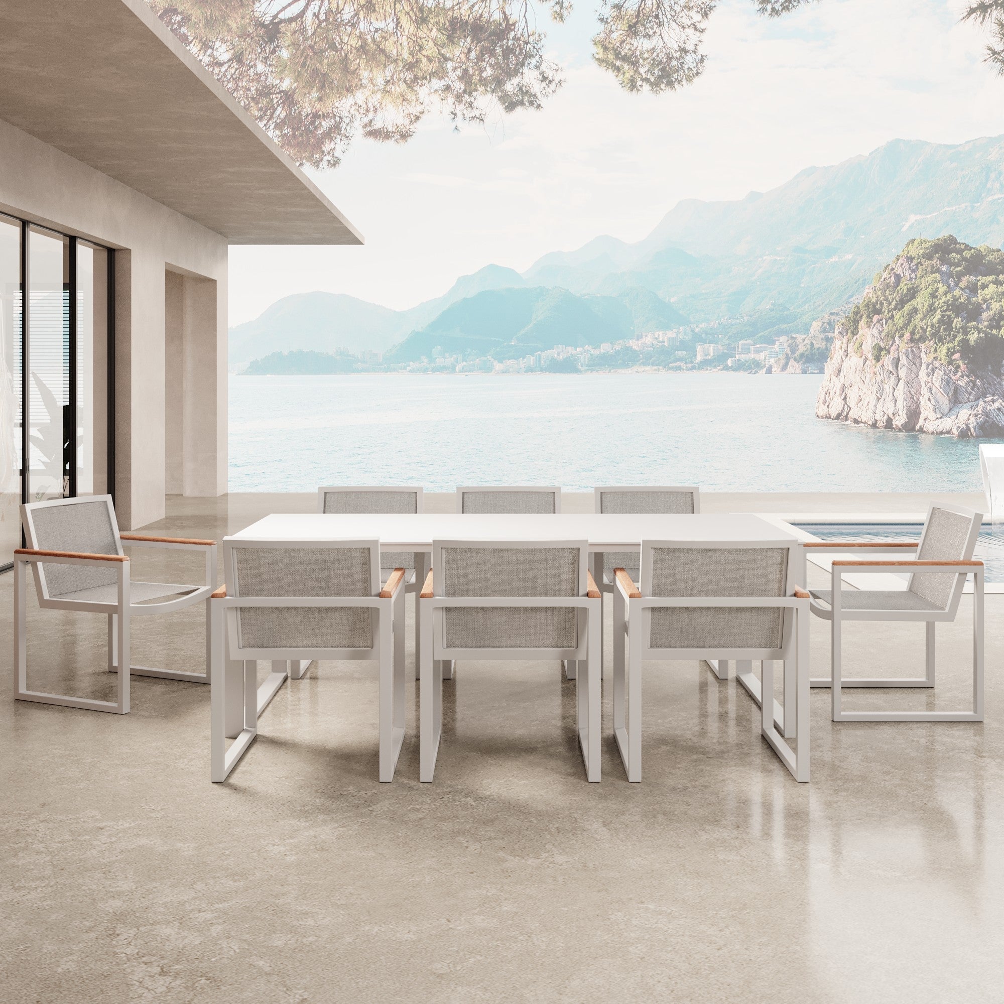 Vayla Essgruppe: Stilvolles Outdoor-Set mit 8 Sesseln und Betonoptik-Tisch