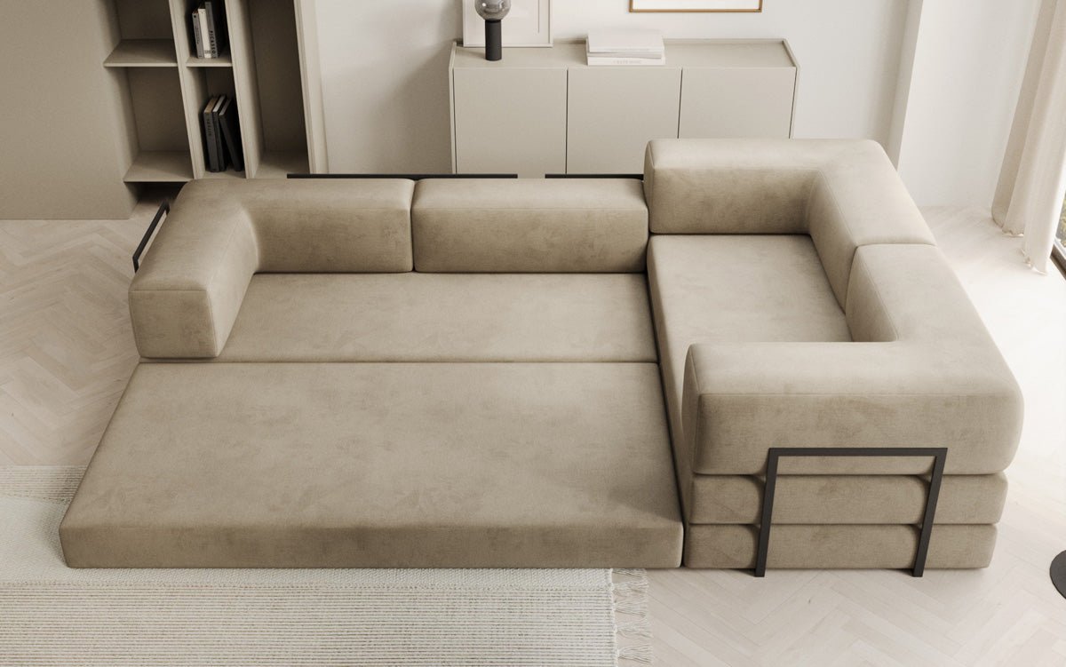 Luxuriöses Samt Ecksofa Lazy L mit Schlaffunktion und cleverem Stauraum