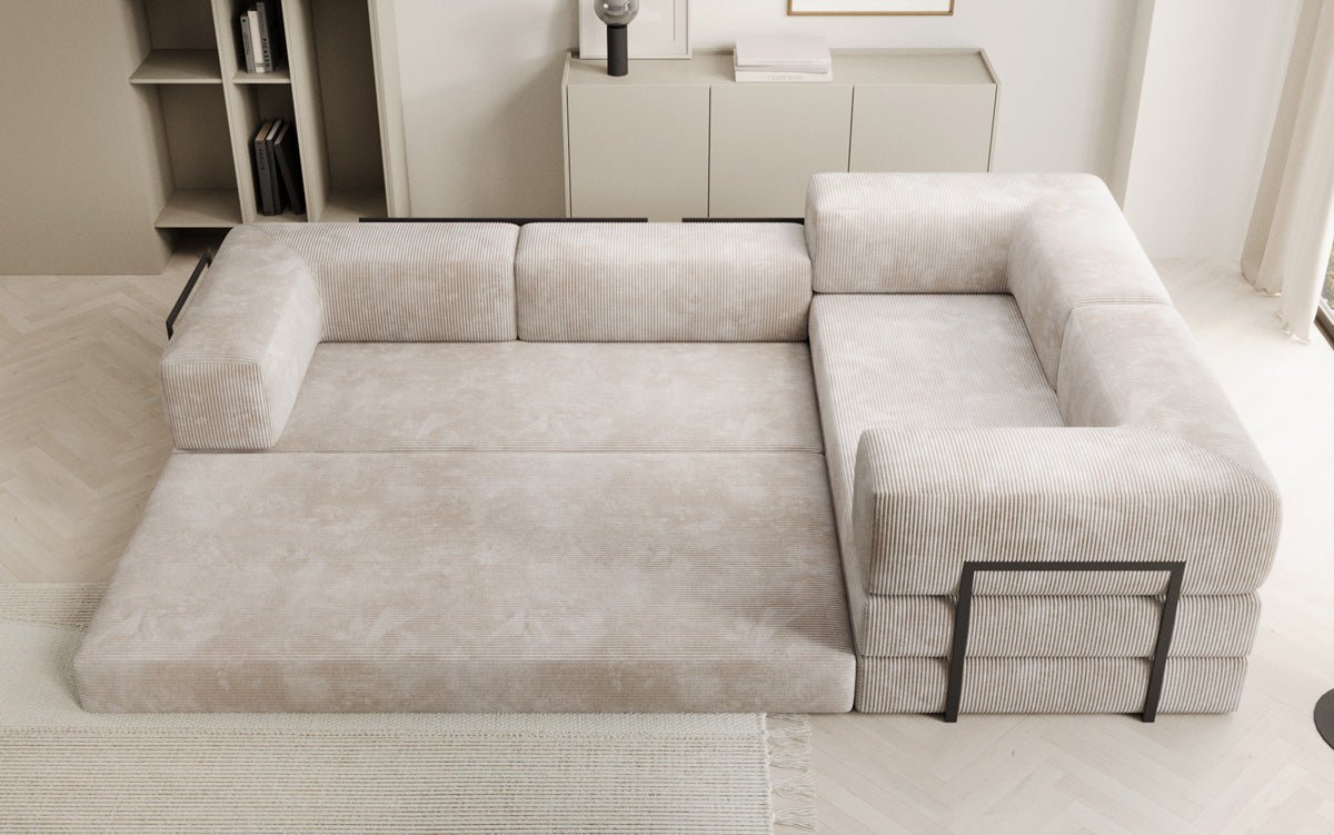 Modernes Designer L-Sofa: Komfortables Cord-Ecksofa mit Schlaffunktion und Stauraum