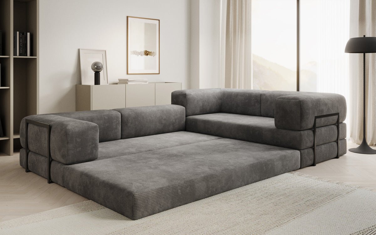 Modernes Designer L-Sofa: Komfortables Cord-Ecksofa mit Schlaffunktion und Stauraum