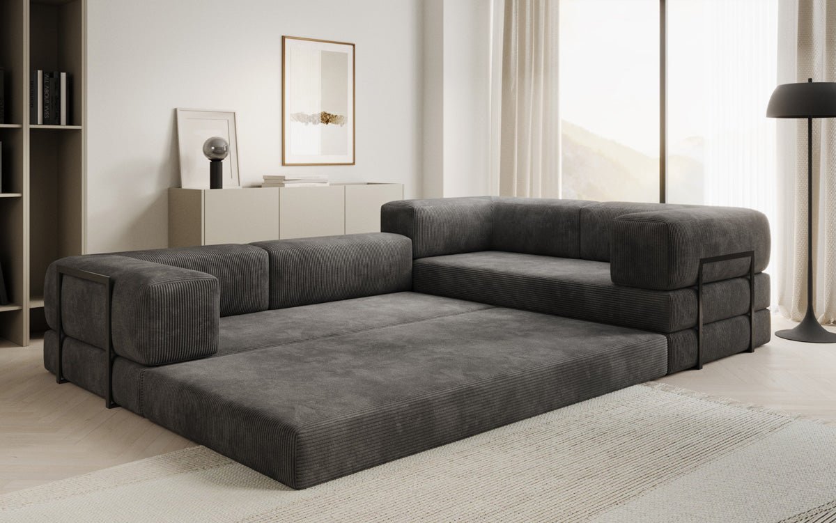 Modernes Designer L-Sofa: Komfortables Cord-Ecksofa mit Schlaffunktion und Stauraum
