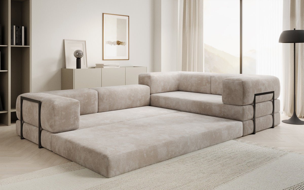 Modernes Designer L-Sofa: Komfortables Cord-Ecksofa mit Schlaffunktion und Stauraum