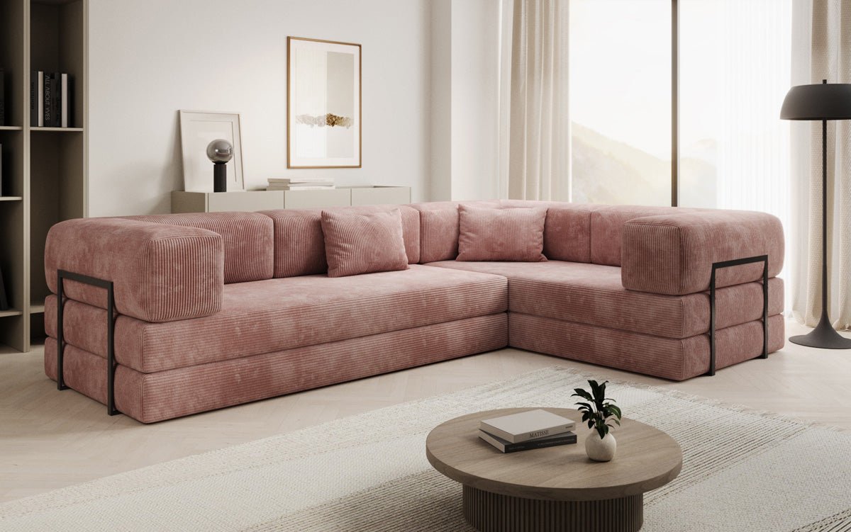 Modernes Designer L-Sofa: Komfortables Cord-Ecksofa mit Schlaffunktion und Stauraum