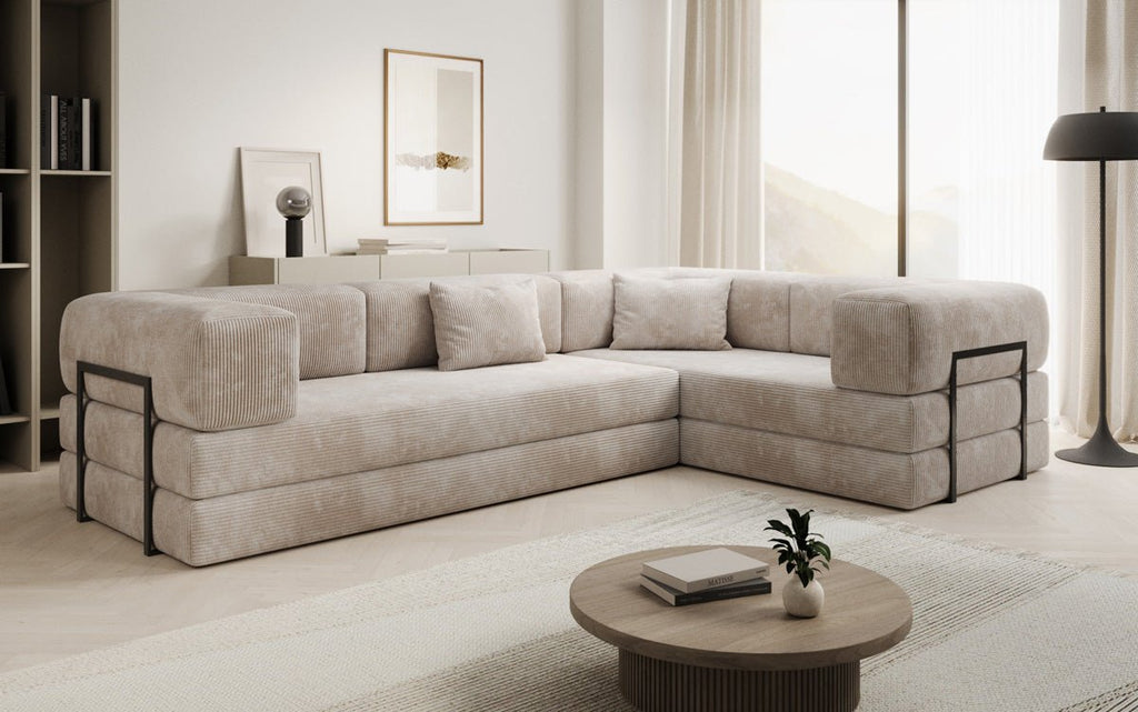 Modernes Designer L-Ecksofa Cord Beige Lounge mit Schlaffunktion Stauraum