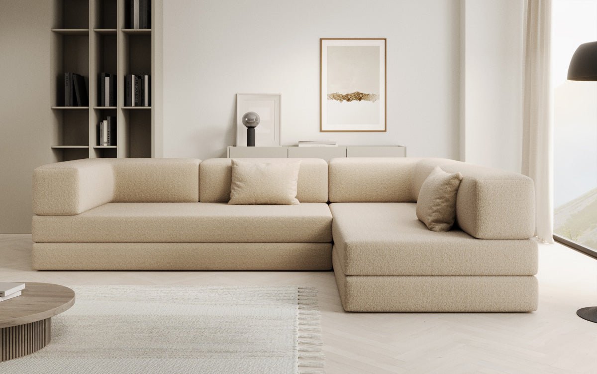 Luxuriöses L-förmiges Bouclé-Sofa mit Schlaffunktion und Stauraum