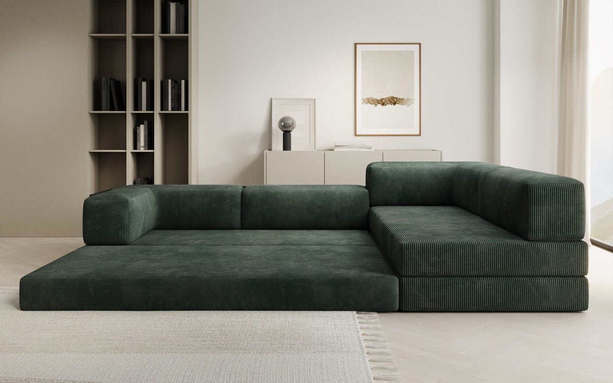 Luxuriöses Designer L-Sofa Lazy aus Cordstoff mit Schlaffunktion und Stauraum