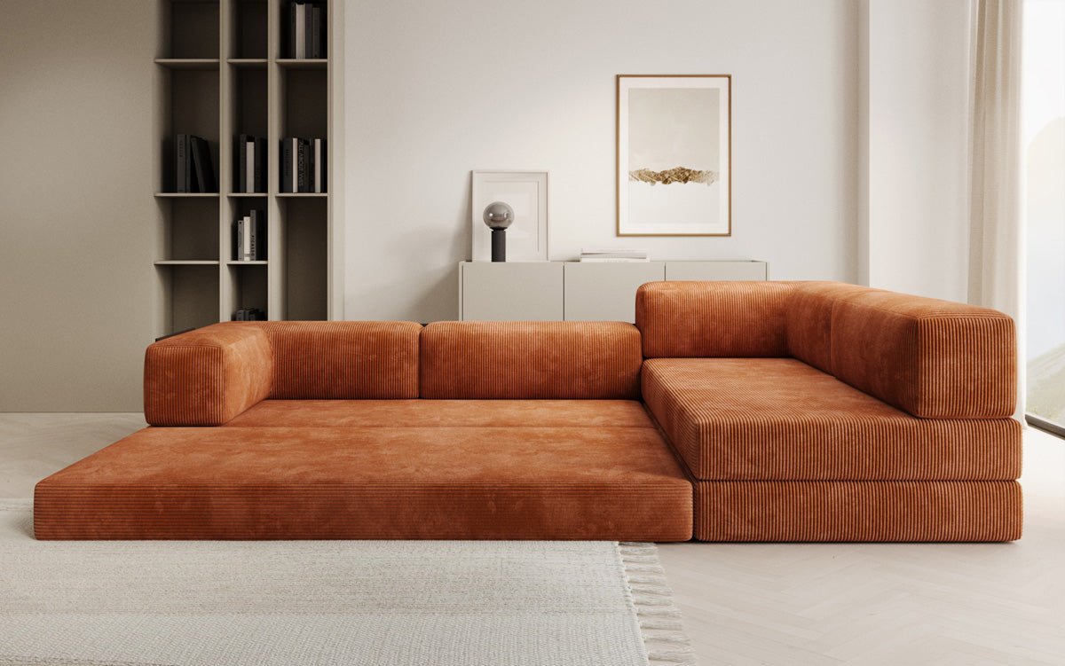 Luxuriöses Designer L-Sofa Lazy aus Cordstoff mit Schlaffunktion und Stauraum