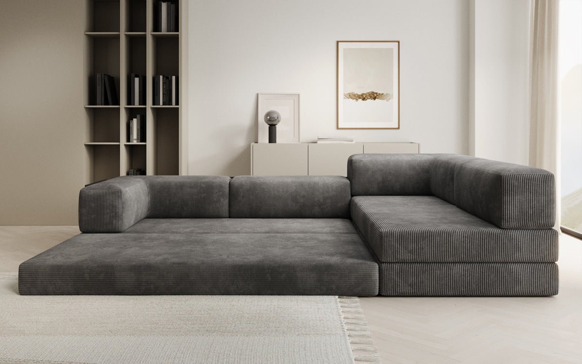 Luxuriöses Design Ecksofa Lazy L: Cordstoff, Schlaffunktion, Stauraum