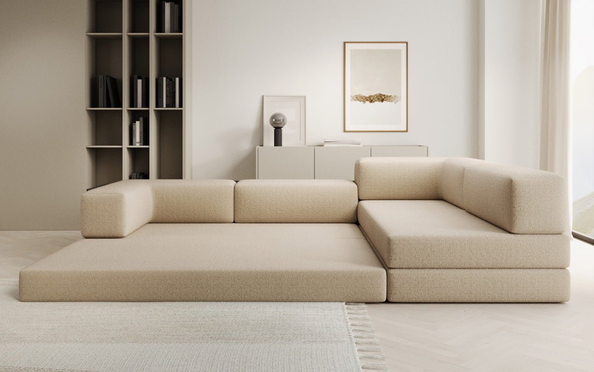 Luxuriöses L-förmiges Bouclé-Sofa mit Schlaffunktion und Stauraum