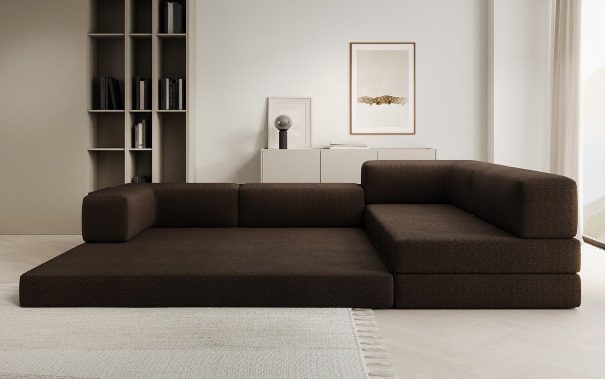 Luxuriöses L-förmiges Bouclé-Sofa mit Schlaffunktion und Stauraum