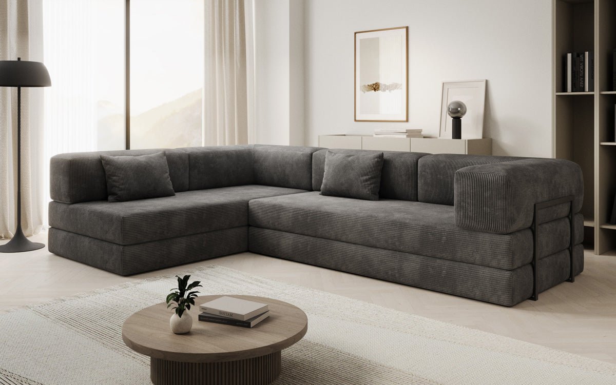 Luxuriöses Designer L-Sofa Lazy aus Cordstoff mit Schlaffunktion und Stauraum