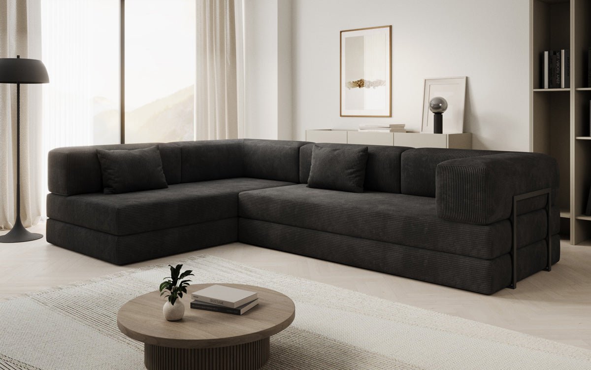 Luxuriöses Designer L-Sofa Lazy aus Cordstoff mit Schlaffunktion und Stauraum