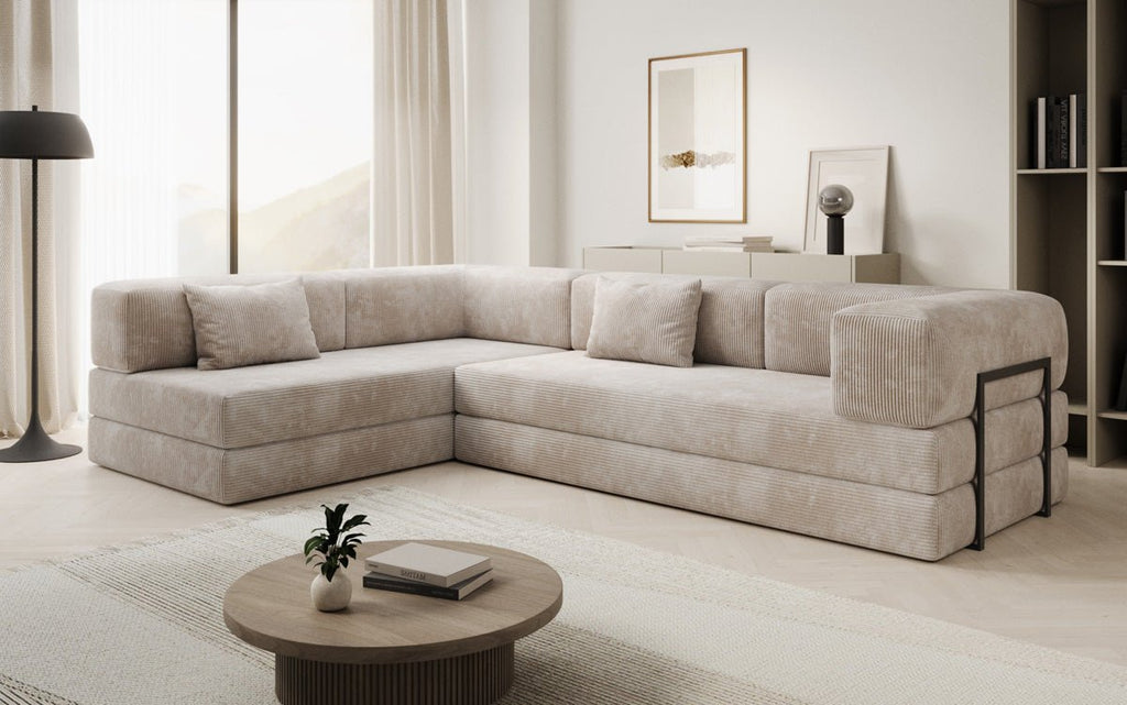 Luxuriöses Design Ecksofa Lazy L: Cordstoff, Schlaffunktion, Stauraum