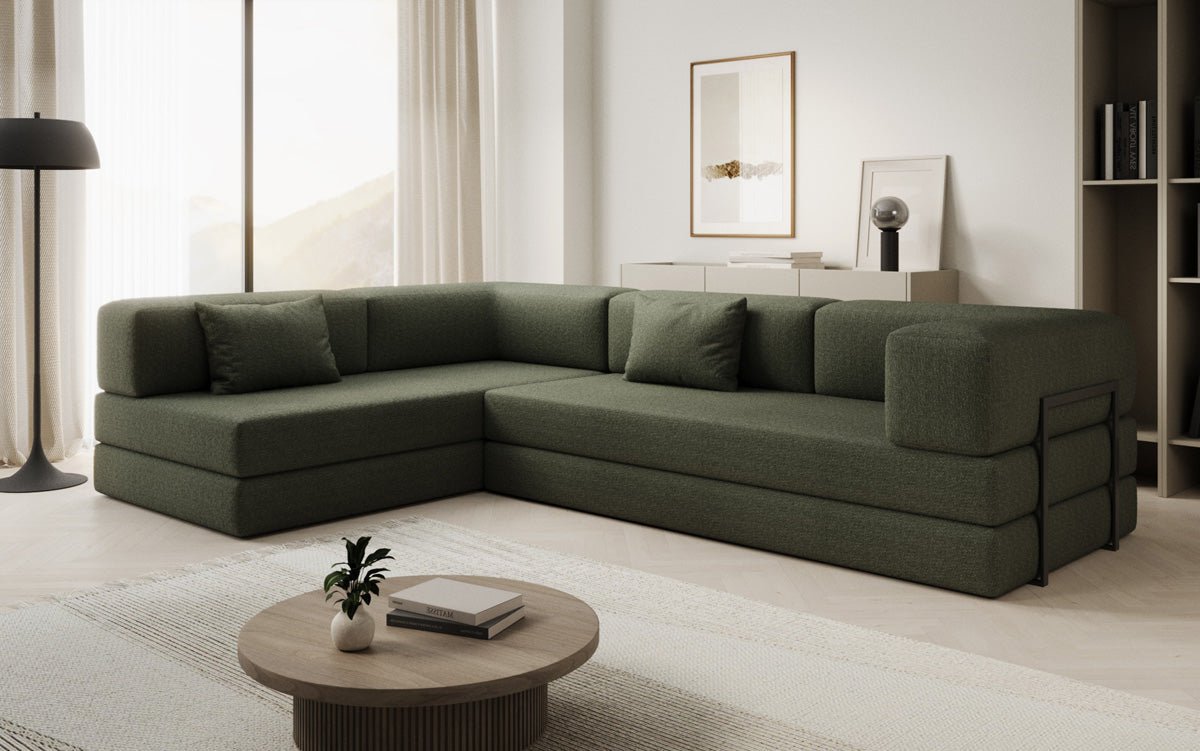 Luxuriöses L-förmiges Bouclé-Sofa mit Schlaffunktion und Stauraum