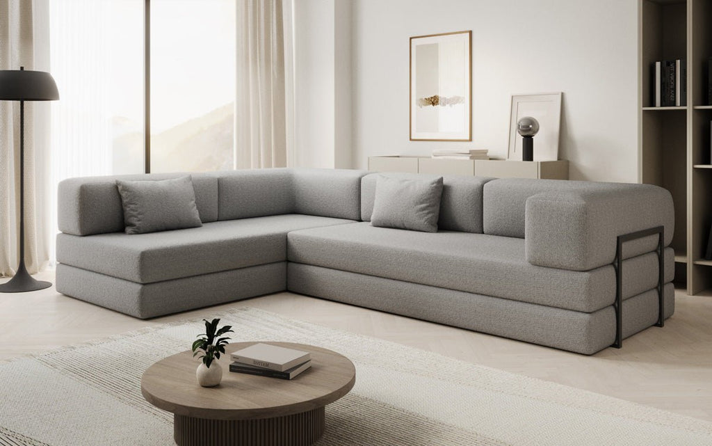 Designer Lazy L Ecksofa Bouclé Bezug mit Schlaffunktion und Praktischem Stauraum