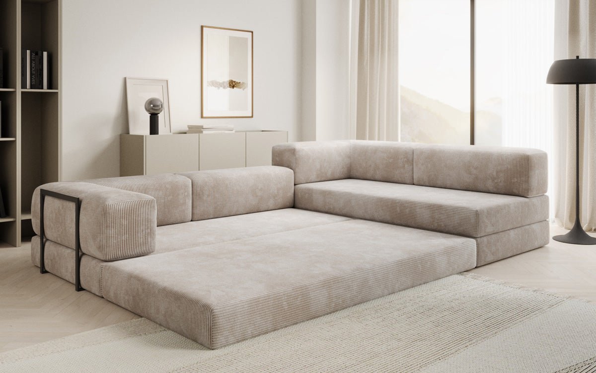 Luxuriöses Designer L-Sofa Lazy aus Cordstoff mit Schlaffunktion und Stauraum