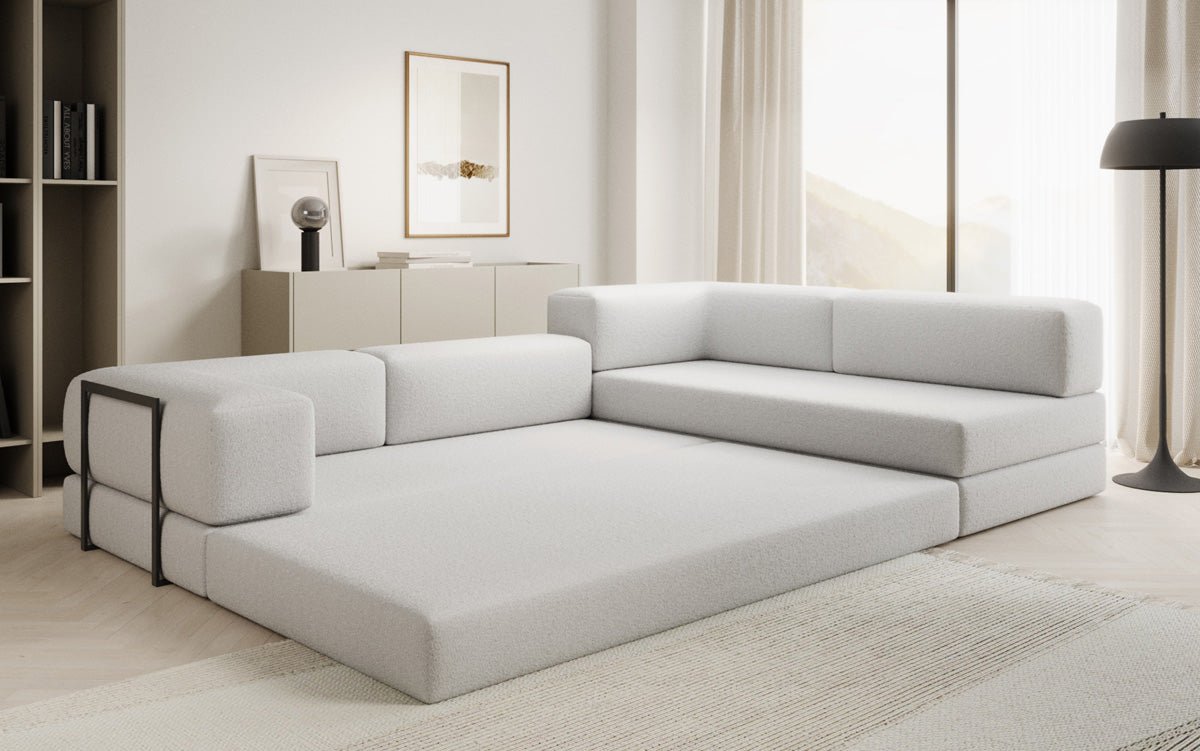 Luxuriöses L-förmiges Bouclé-Sofa mit Schlaffunktion und Stauraum