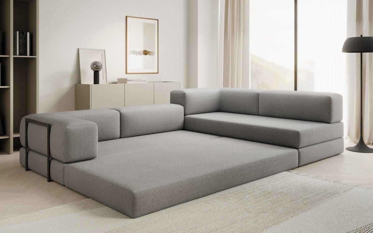 Luxuriöses L-förmiges Bouclé-Sofa mit Schlaffunktion und Stauraum
