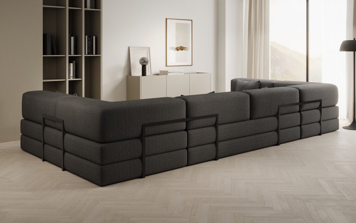 Luxuriöses Designer U-Sofa Lazy in Bouclé-Stoff mit Schlaffunktion und Stauraum