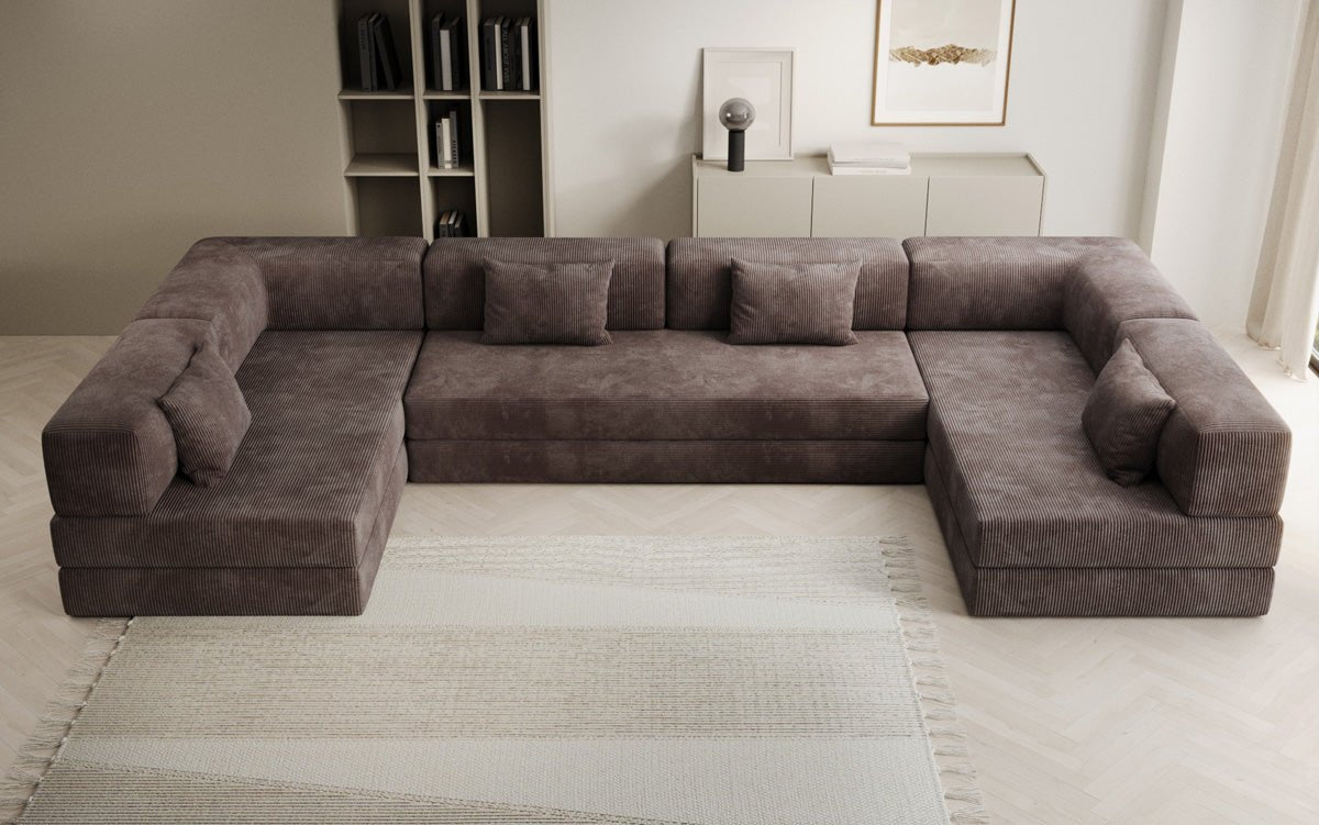Luxuriöses U-Sofa Lazy U aus Cord mit Schlaffunktion und Stauraum