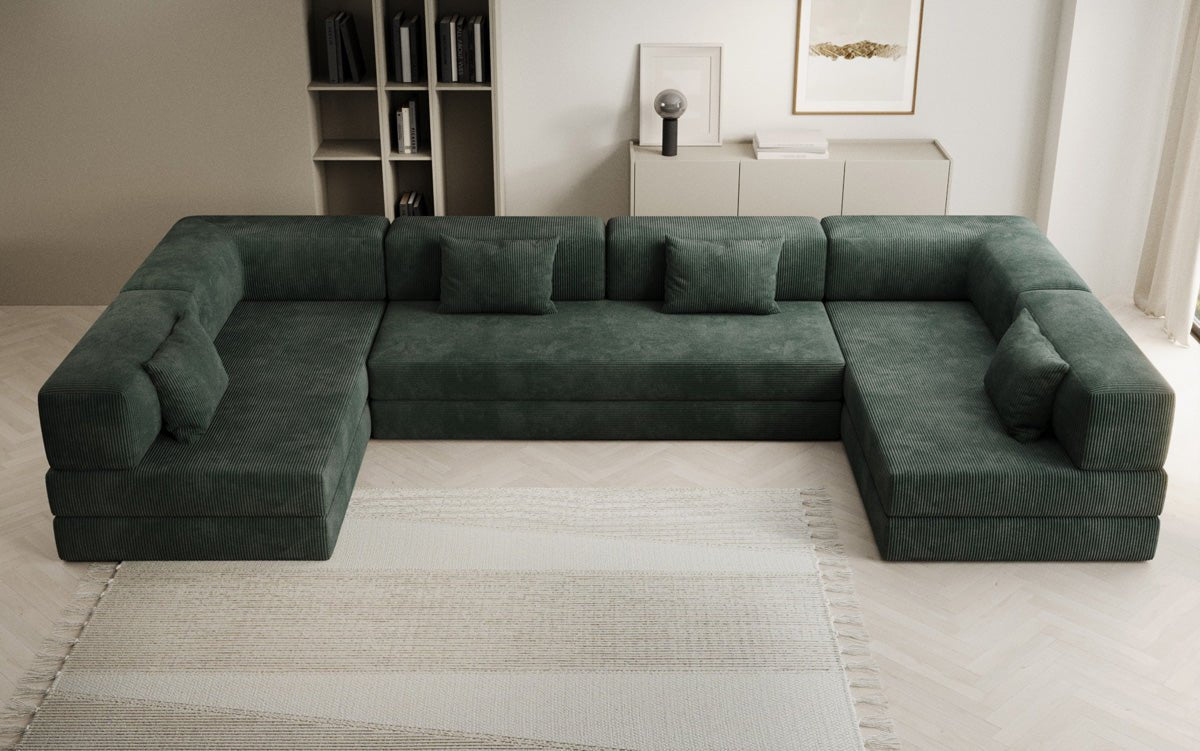 Luxuriöses U-Sofa Lazy U aus Cord mit Schlaffunktion und Stauraum