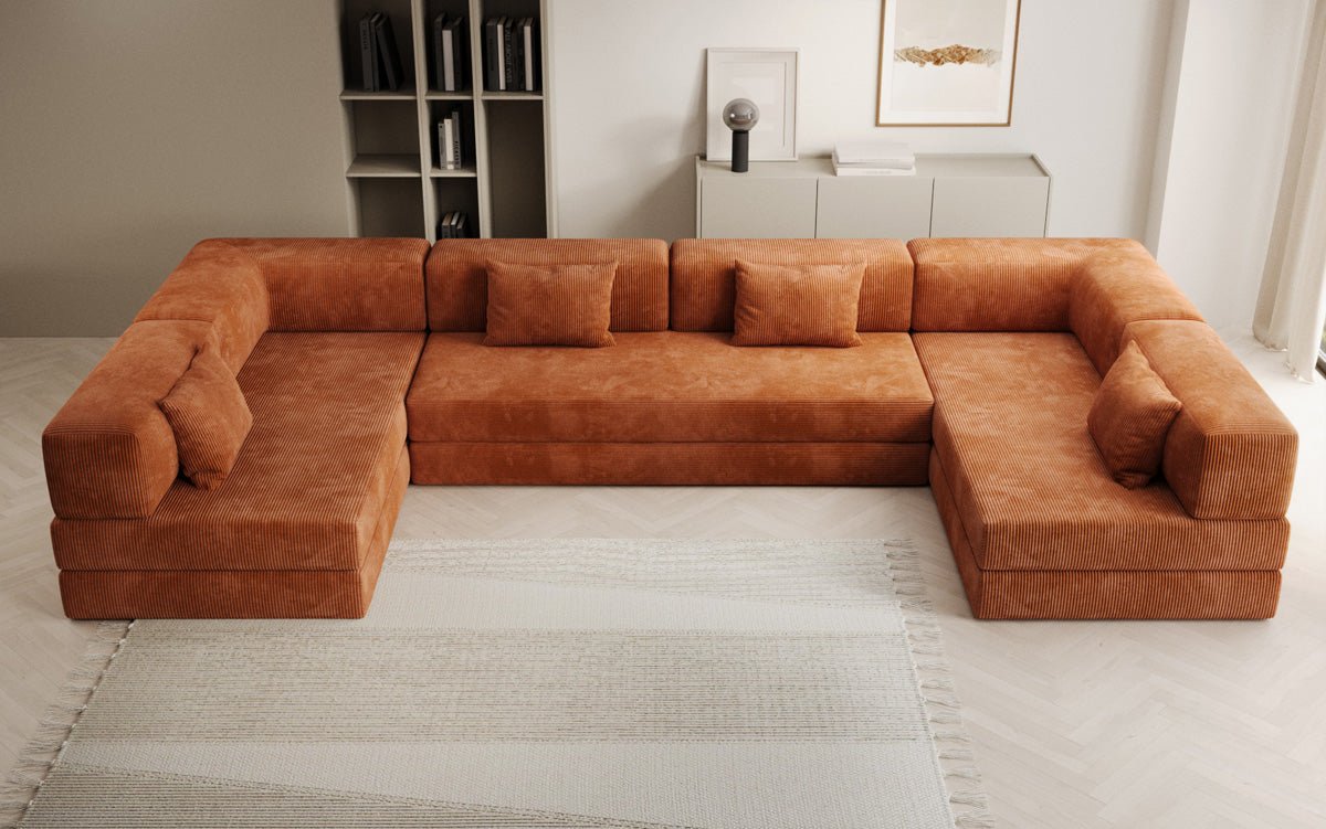 Luxuriöses U-Sofa Lazy U aus Cord mit Schlaffunktion und Stauraum