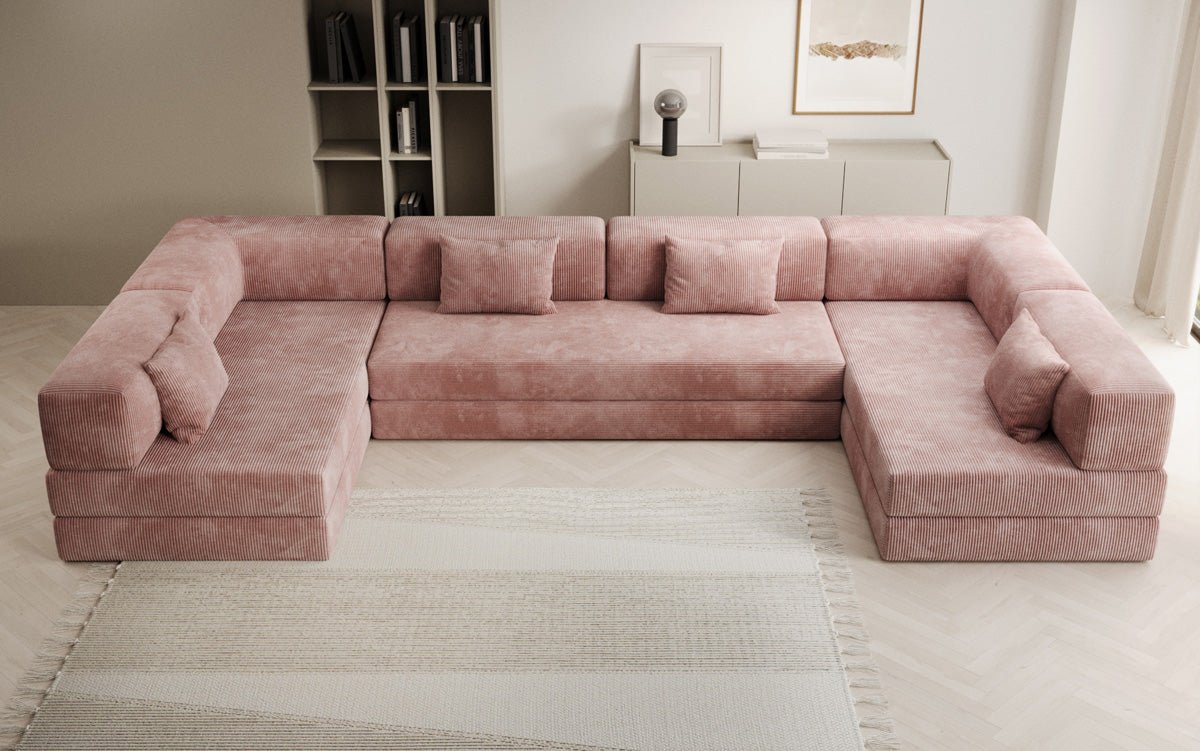 Luxuriöses U-Sofa Lazy U aus Cord mit Schlaffunktion und Stauraum