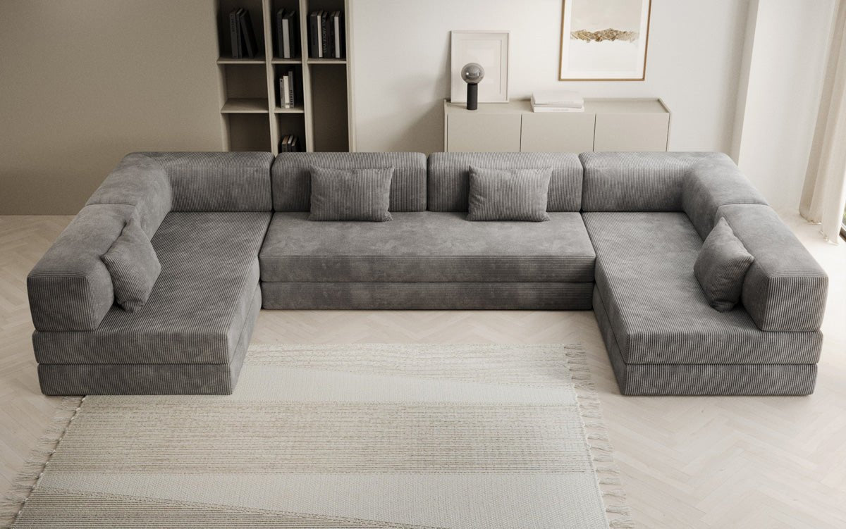 Luxuriöses U-Sofa Lazy U aus Cord mit Schlaffunktion und Stauraum