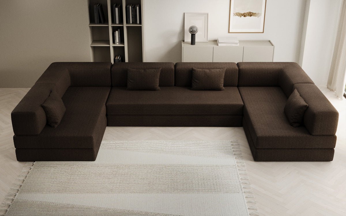Luxuriöses Designer U-Sofa Lazy in Bouclé-Stoff mit Schlaffunktion und Stauraum