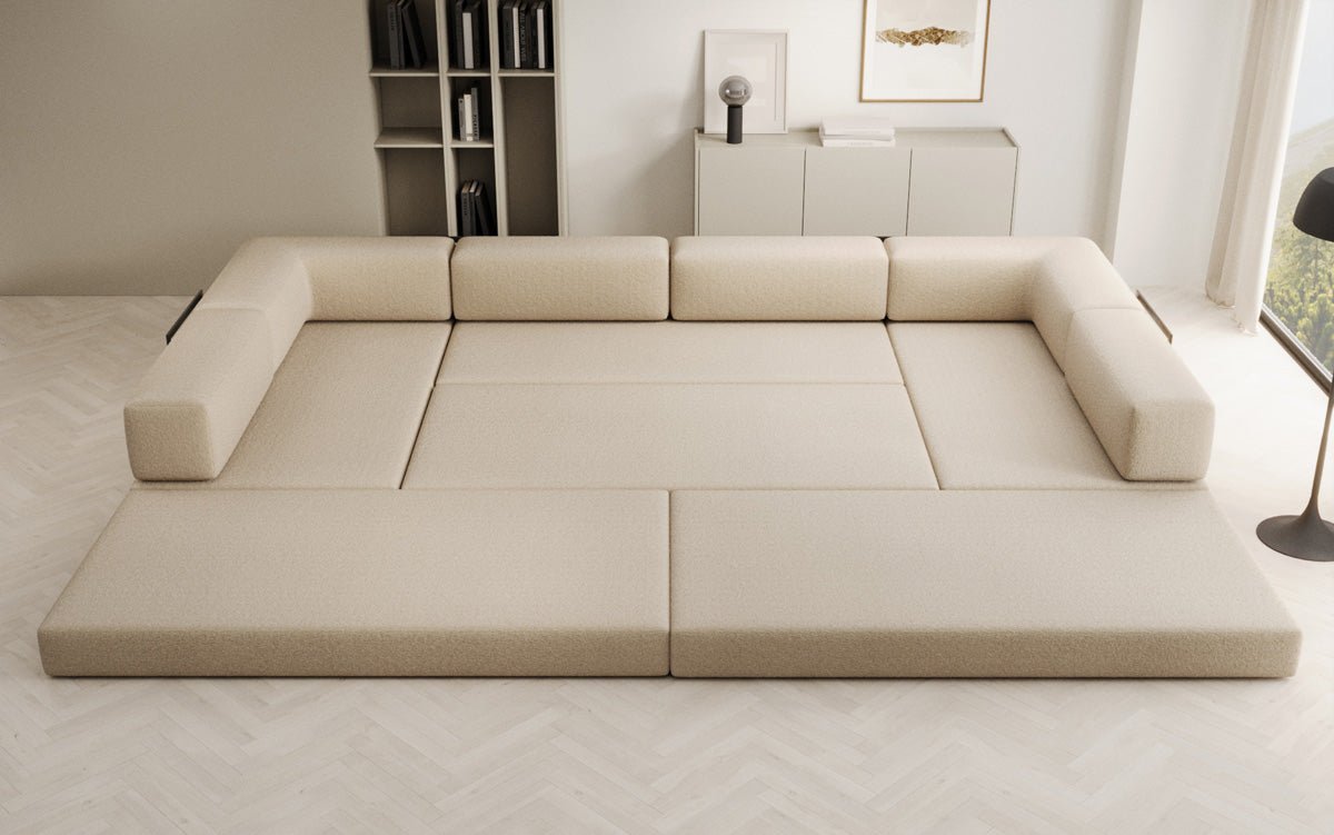 Luxuriöses Designer U-Sofa Lazy in Bouclé-Stoff mit Schlaffunktion und Stauraum