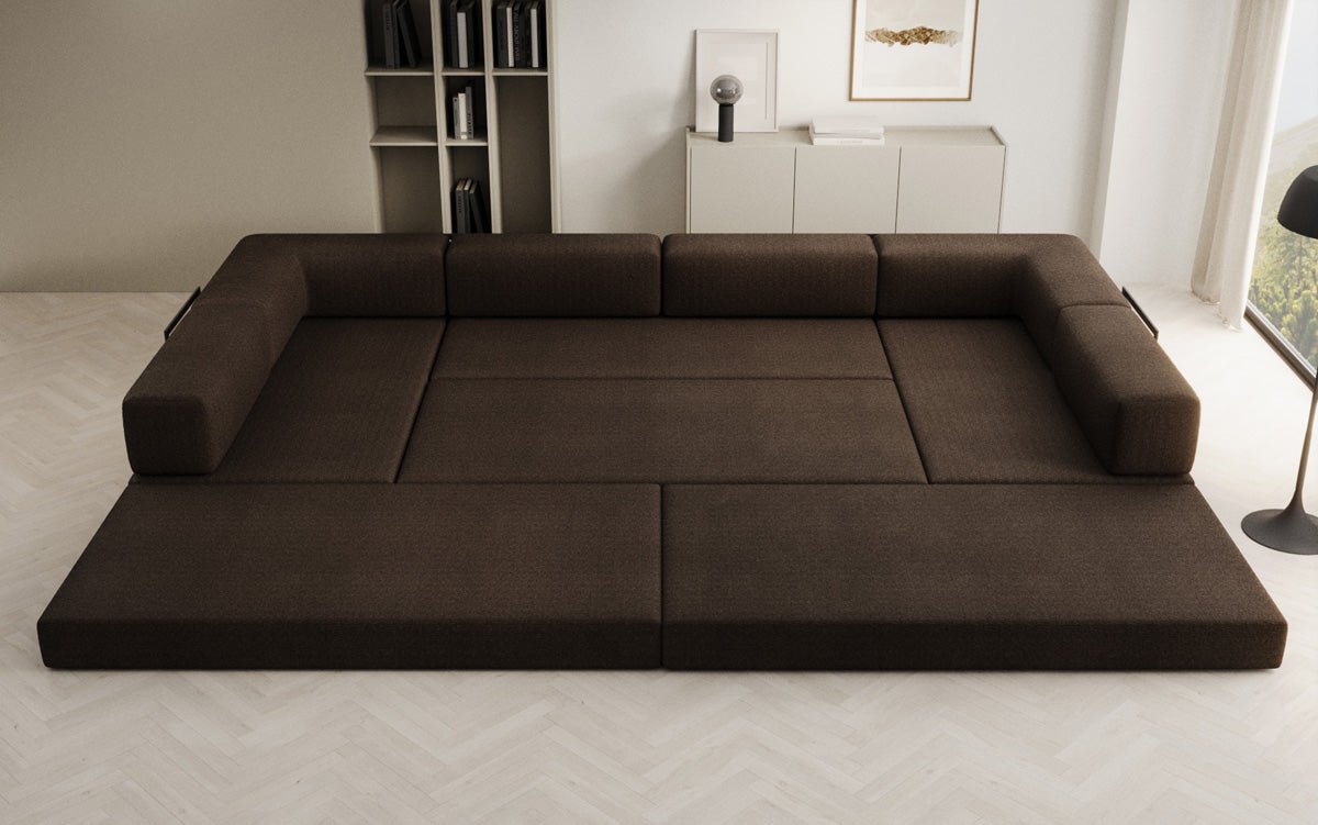 Luxuriöses Designer U-Sofa Lazy in Bouclé-Stoff mit Schlaffunktion und Stauraum