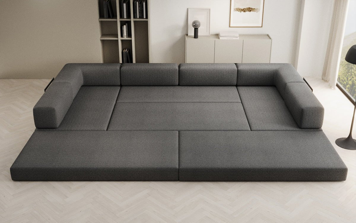 Luxuriöses Designer U-Sofa Lazy in Bouclé-Stoff mit Schlaffunktion und Stauraum