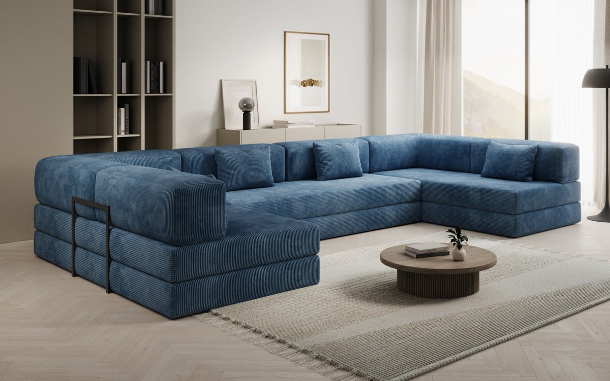 Luxuriöses U-Sofa Lazy U aus Cord mit Schlaffunktion und Stauraum