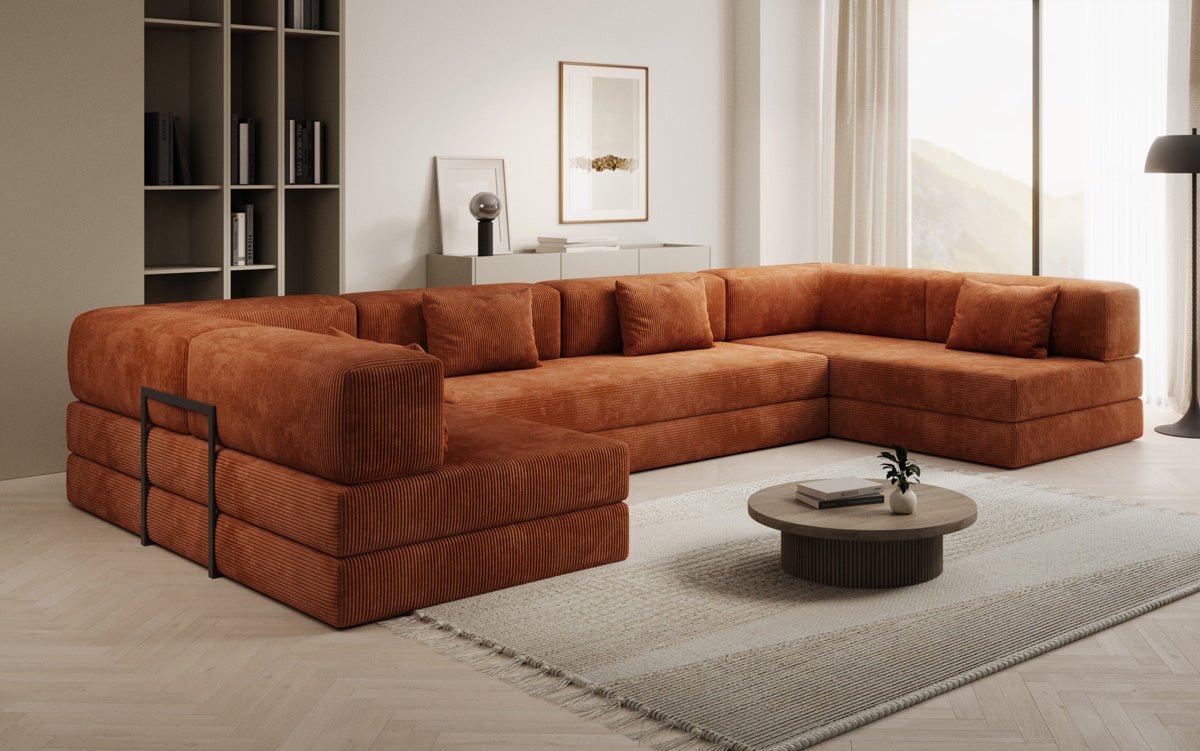 Luxuriöses U-Sofa Lazy U aus Cord mit Schlaffunktion und Stauraum