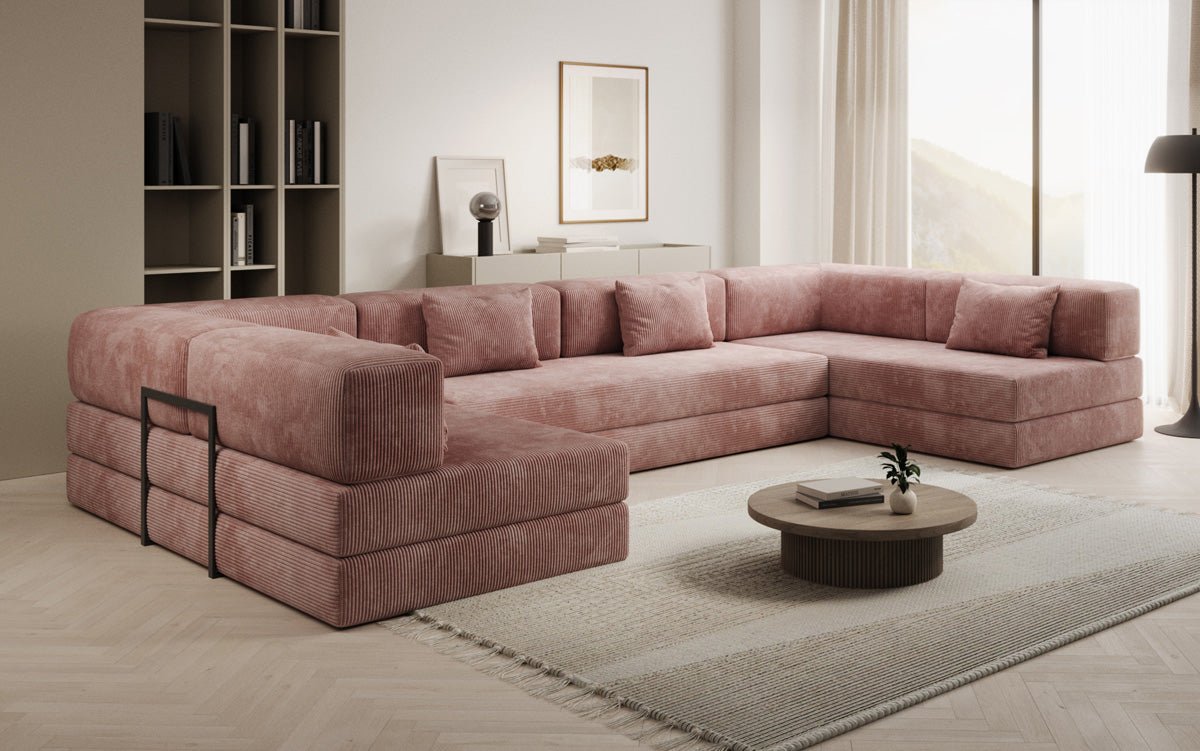 Luxuriöses U-Sofa Lazy U aus Cord mit Schlaffunktion und Stauraum