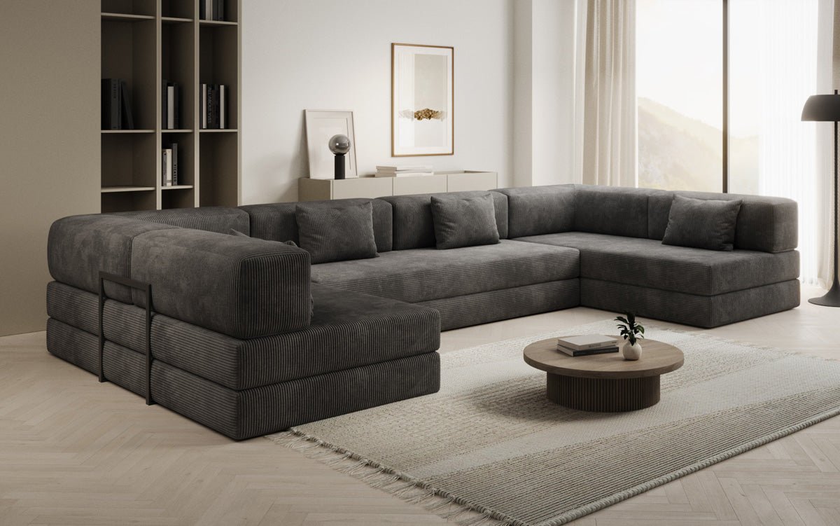 Luxuriöses U-Sofa Lazy U aus Cord mit Schlaffunktion und Stauraum