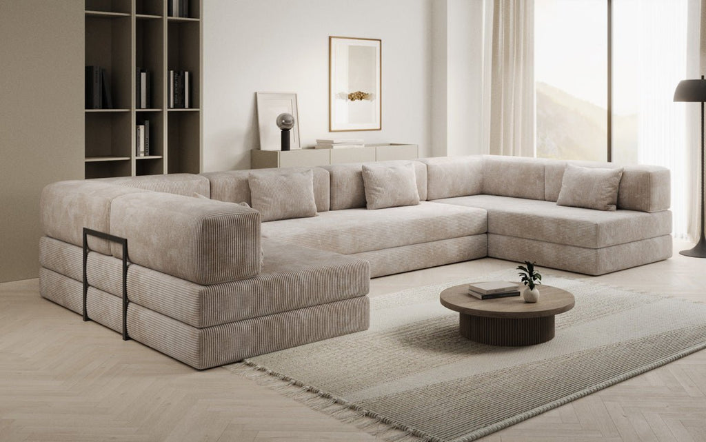 Luxuriöses U-Sofa Lazy U aus Cord mit Schlaffunktion und Stauraum