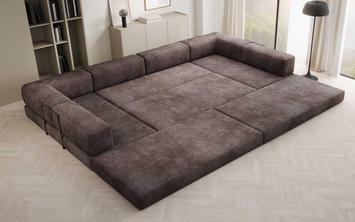 Luxuriöses U-Sofa Lazy U aus Cord mit Schlaffunktion und Stauraum