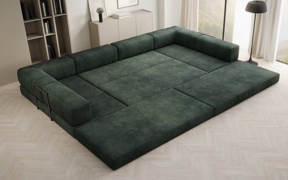 Luxuriöses U-Sofa Lazy U aus Cord mit Schlaffunktion und Stauraum