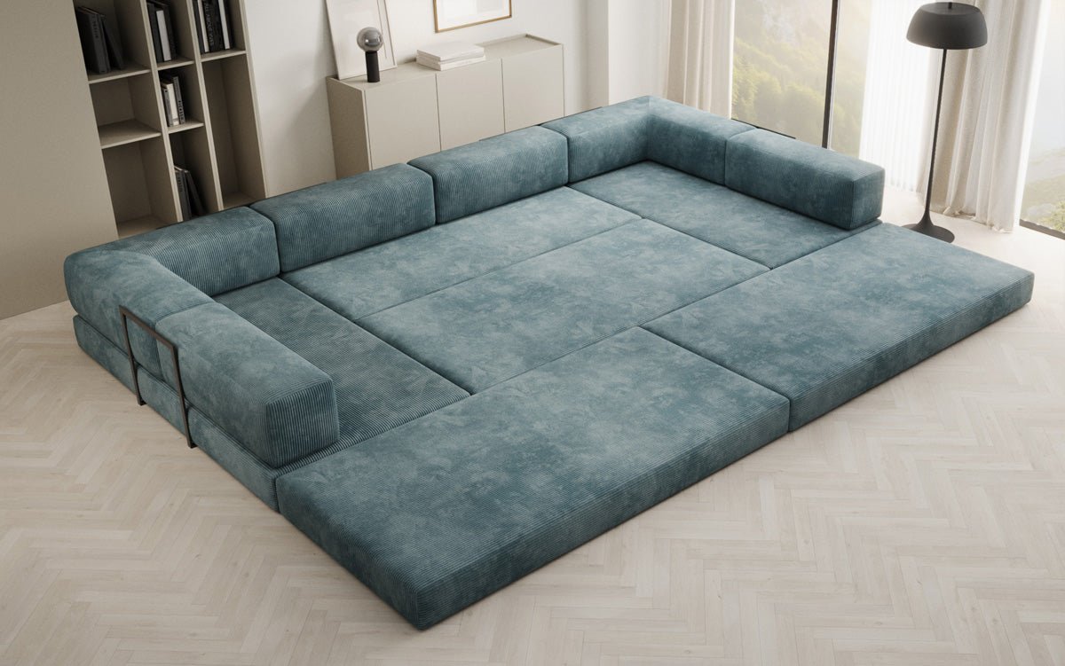 Luxuriöses U-Sofa Lazy U aus Cord mit Schlaffunktion und Stauraum