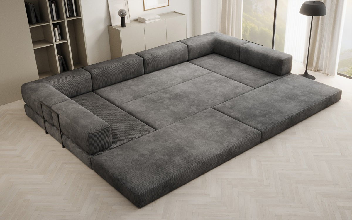 Luxuriöses U-Sofa Lazy U aus Cord mit Schlaffunktion und Stauraum