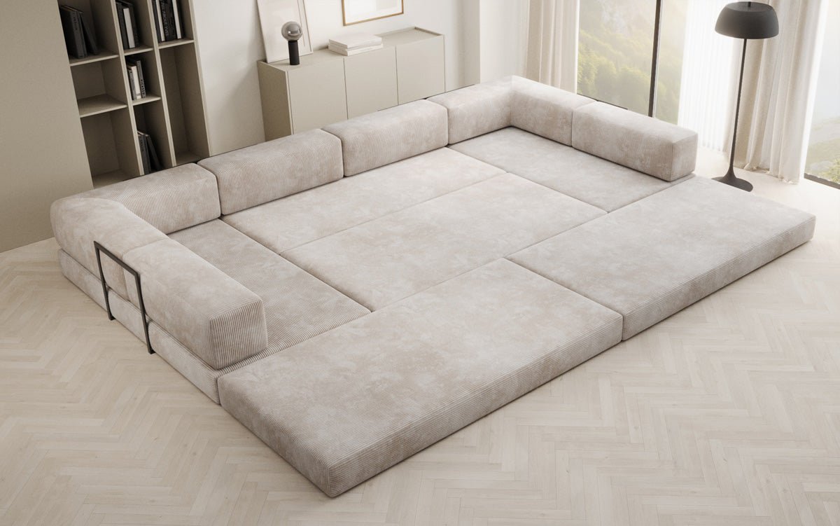 Luxuriöses U-Sofa Lazy U aus Cord mit Schlaffunktion und Stauraum
