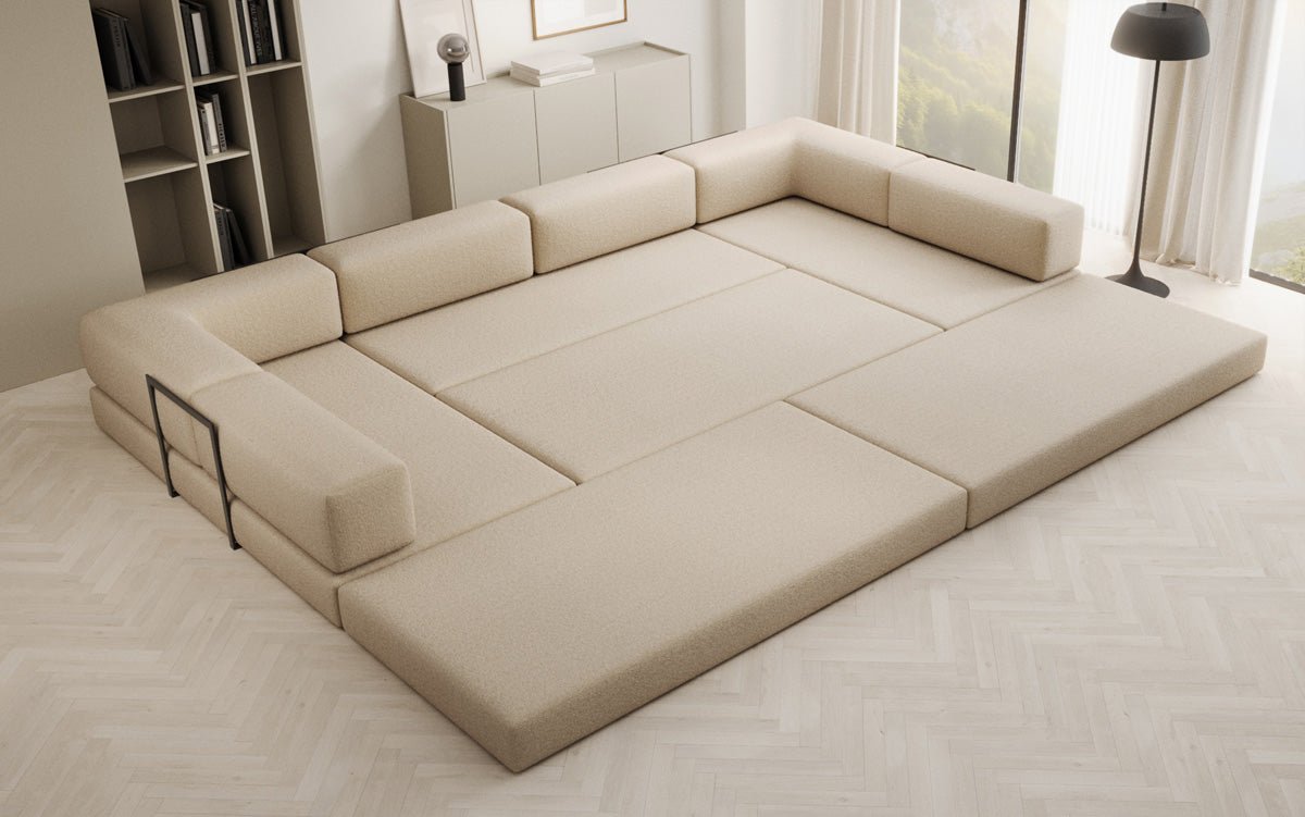 Luxuriöses Designer U-Sofa Lazy in Bouclé-Stoff mit Schlaffunktion und Stauraum