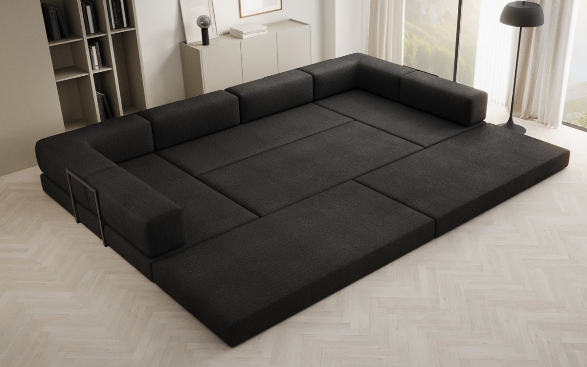 Luxuriöses Designer U-Sofa Lazy in Bouclé-Stoff mit Schlaffunktion und Stauraum