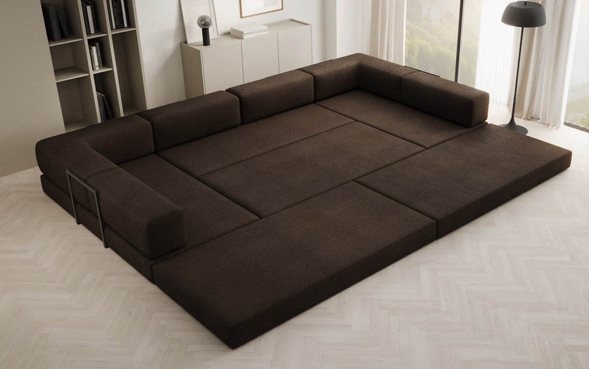 Luxuriöses Designer U-Sofa Lazy in Bouclé-Stoff mit Schlaffunktion und Stauraum