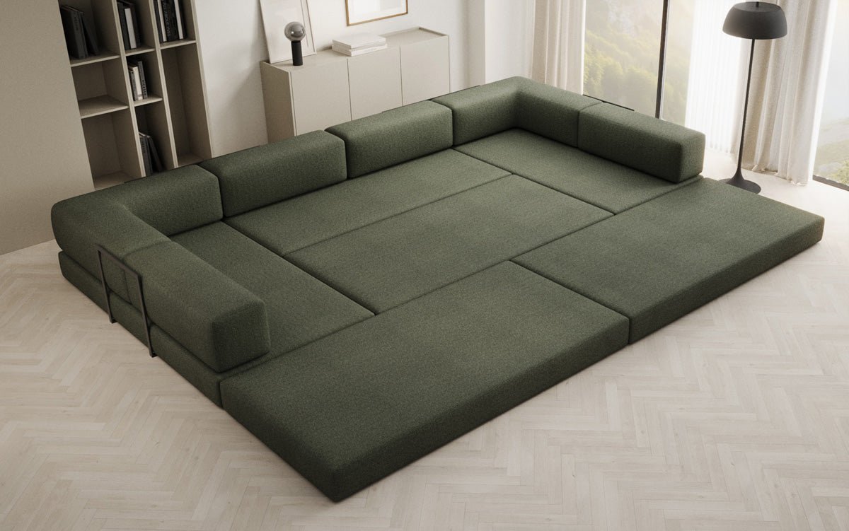Luxuriöses Designer U-Sofa Lazy in Bouclé-Stoff mit Schlaffunktion und Stauraum