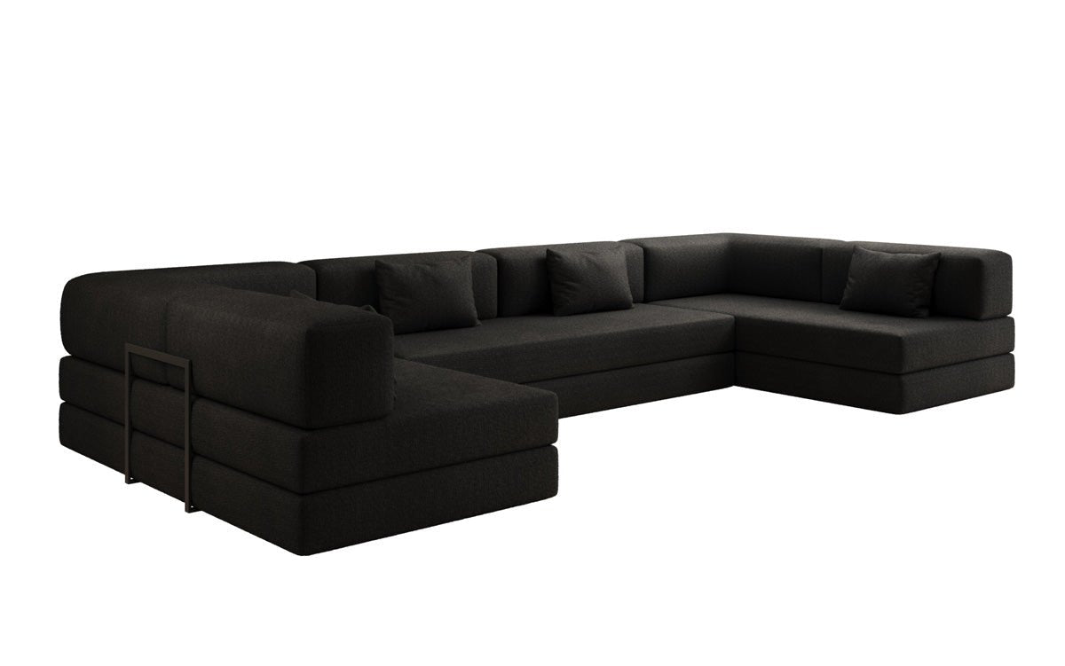 Luxuriöses Designer U-Sofa Lazy in Bouclé-Stoff mit Schlaffunktion und Stauraum